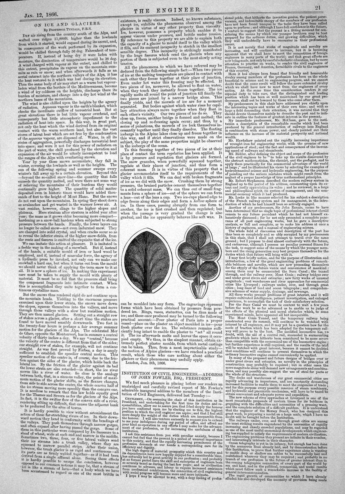 Antique Old Print Engineering 1866 Ice Apline Glaciers Phenomena Leaf Shapes