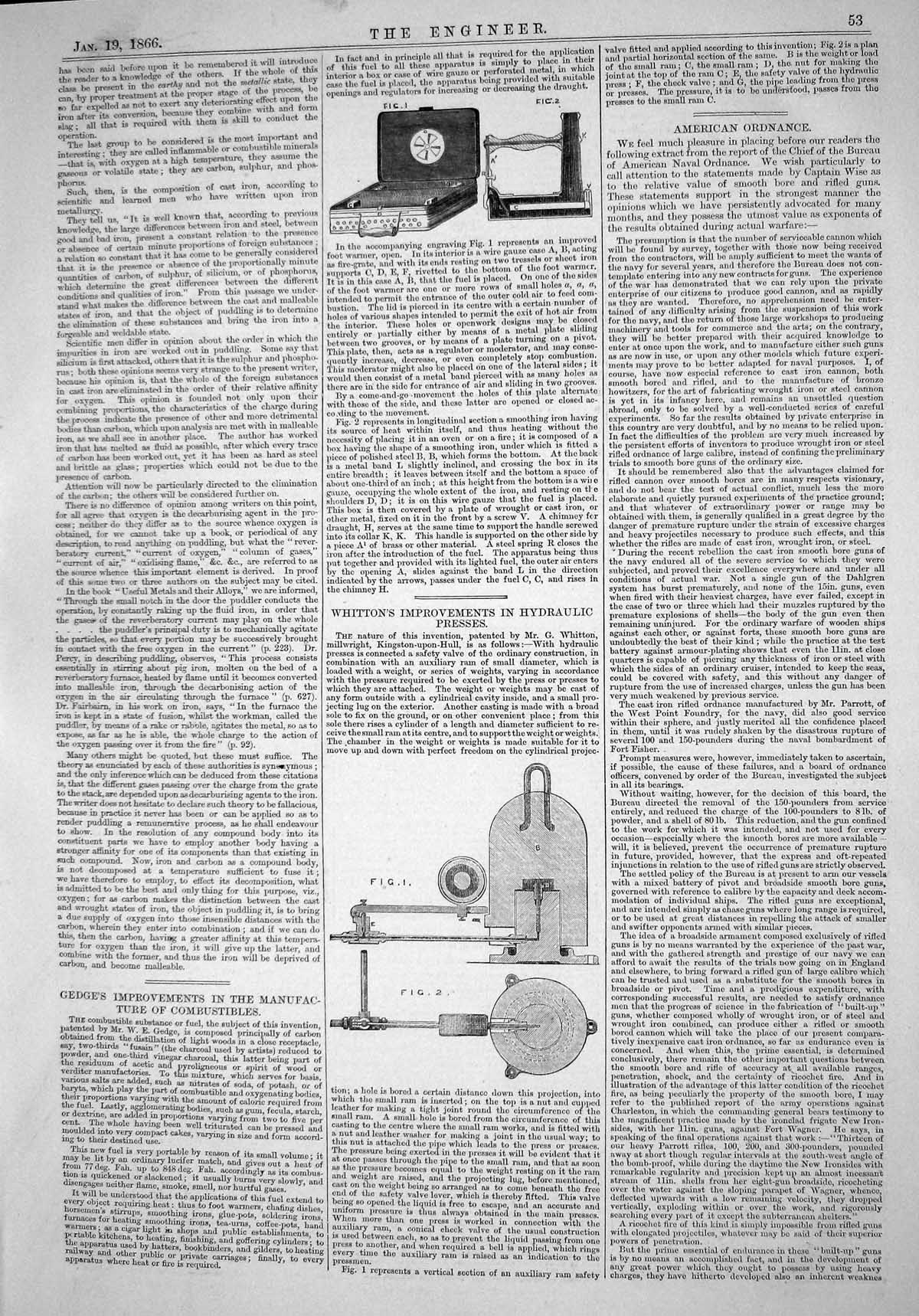 Old Print 1866 Whitton Improvements Hydraulic Presses Gedge Combustibles 19th