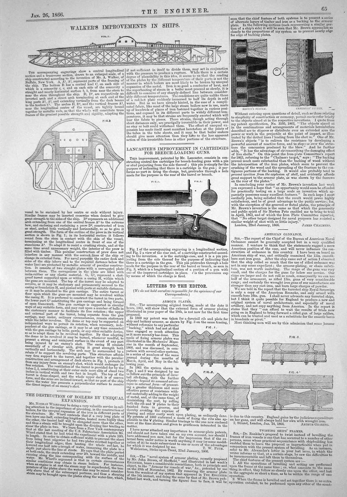 Old Engineering 1866 Walker Improvements Ships Lancaster Gun Cartridg Victorian