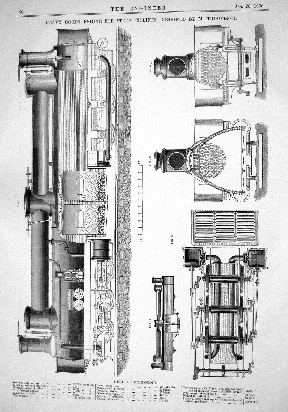 Old Print 1866 Heavy Goods Engine Steep Inclines Thouvenot Railway Train 19th