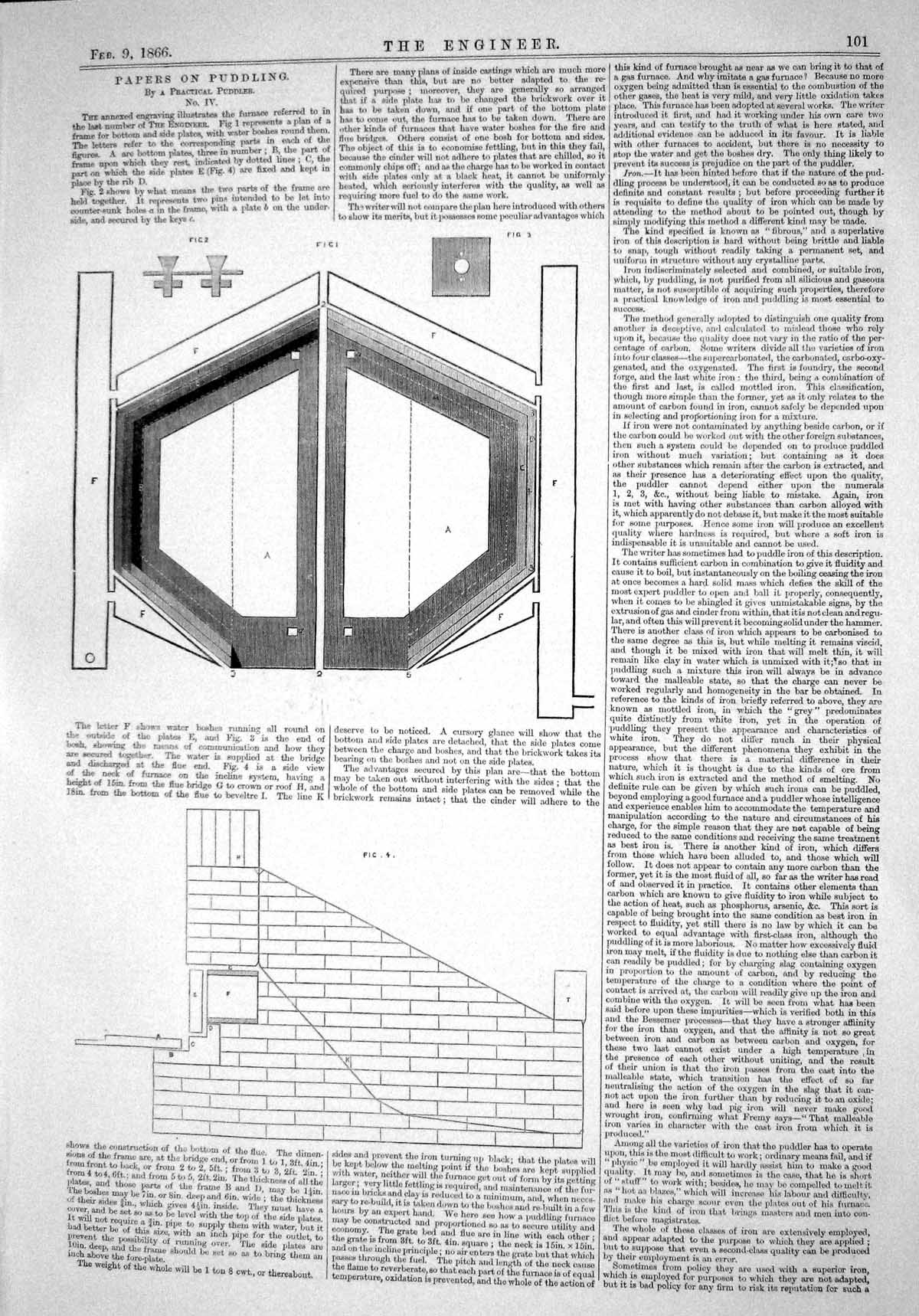 Antique Old Print Engineering 1866 Papers Puddling Diagrams Practical Puddles