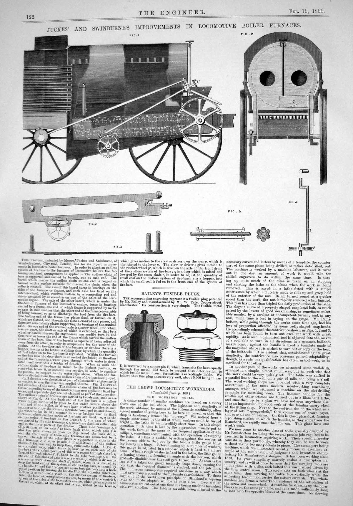 Antique Print Juckes Swinburne Improvements Locomotive Boiler Furnaces 1866