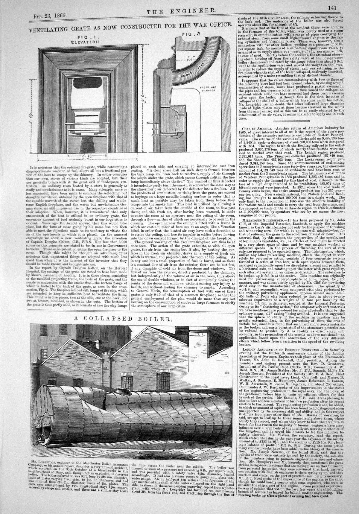 Old Print 1866 Ventilating Grate Constructed War Office Collapsed Boiler 19th