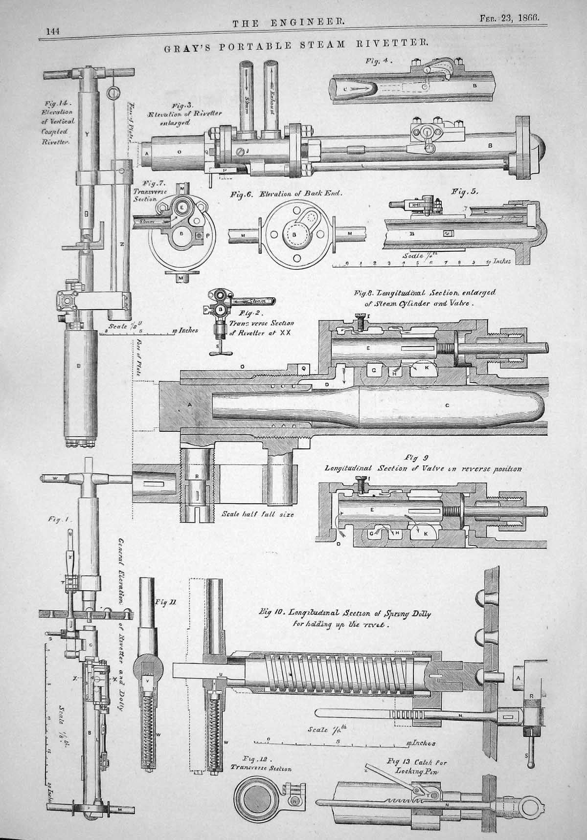 Antique Old Print 1866 Gray Portable Steam Rivetter Machinery Cylinder Dolly