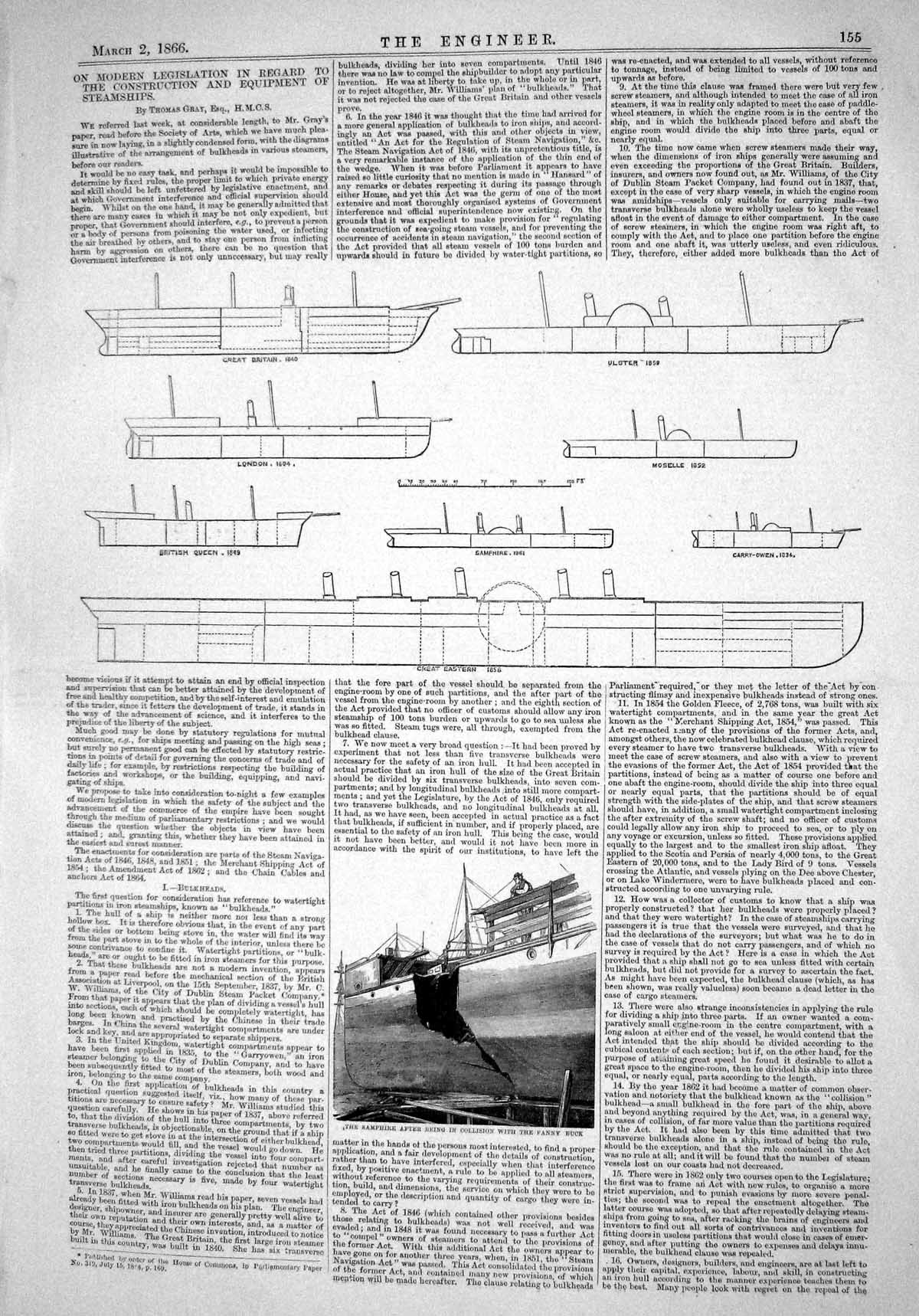Antique Old Print 1866 Diagrams Construction Equipment Steamships Thomas Gray