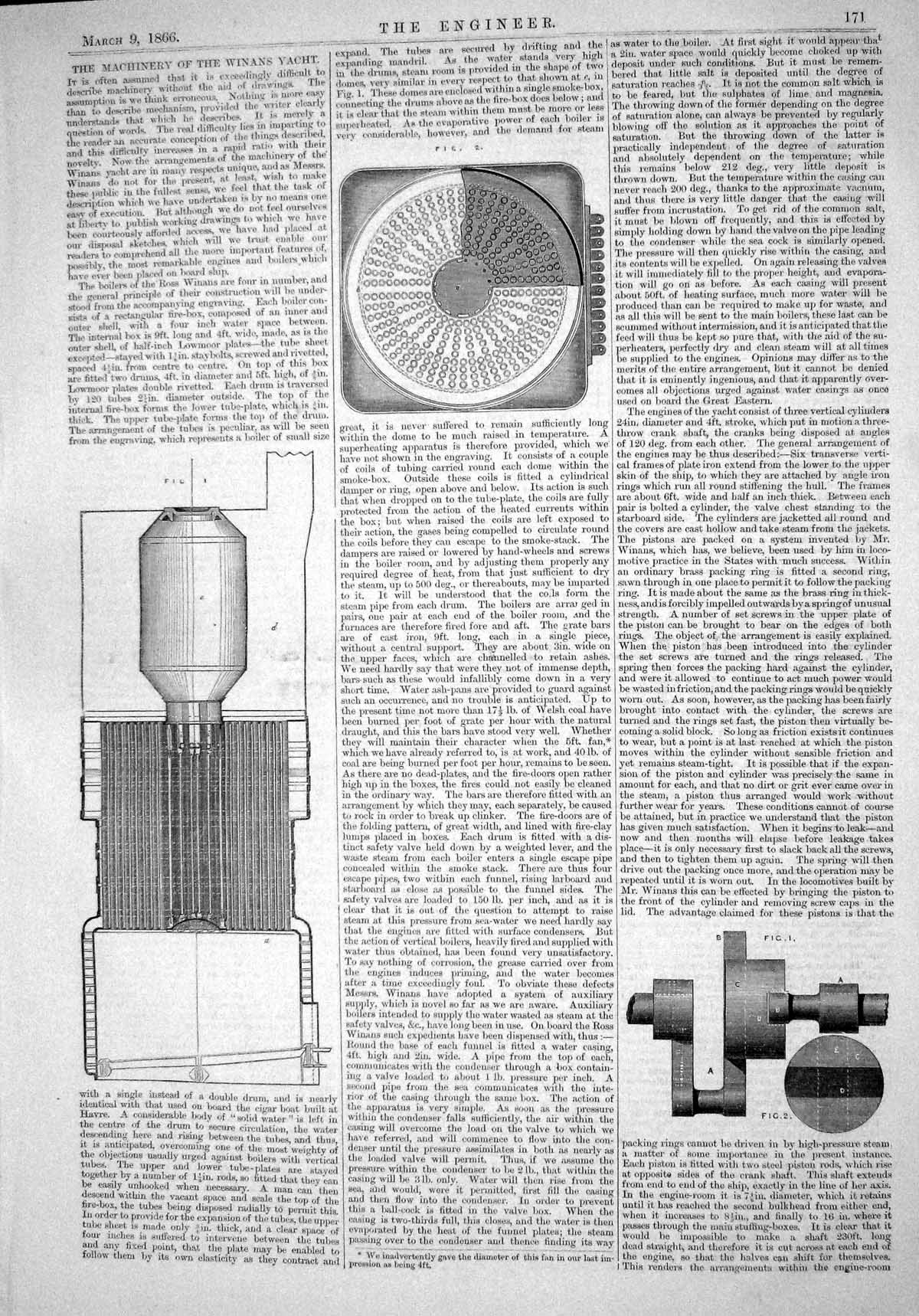 Original Old Antique Print Engineering 1866 Machinery Winans Yacht Drawings