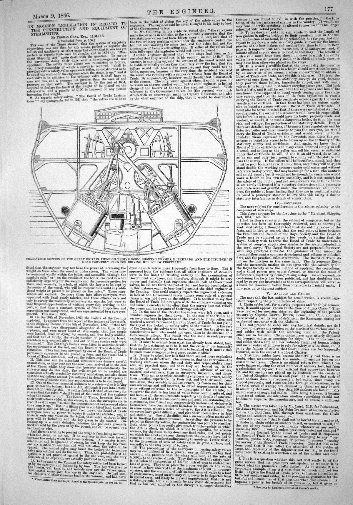 Old Engineering 1866 Transverse Great Britain Ship Engine Room Bulkhe Victorian