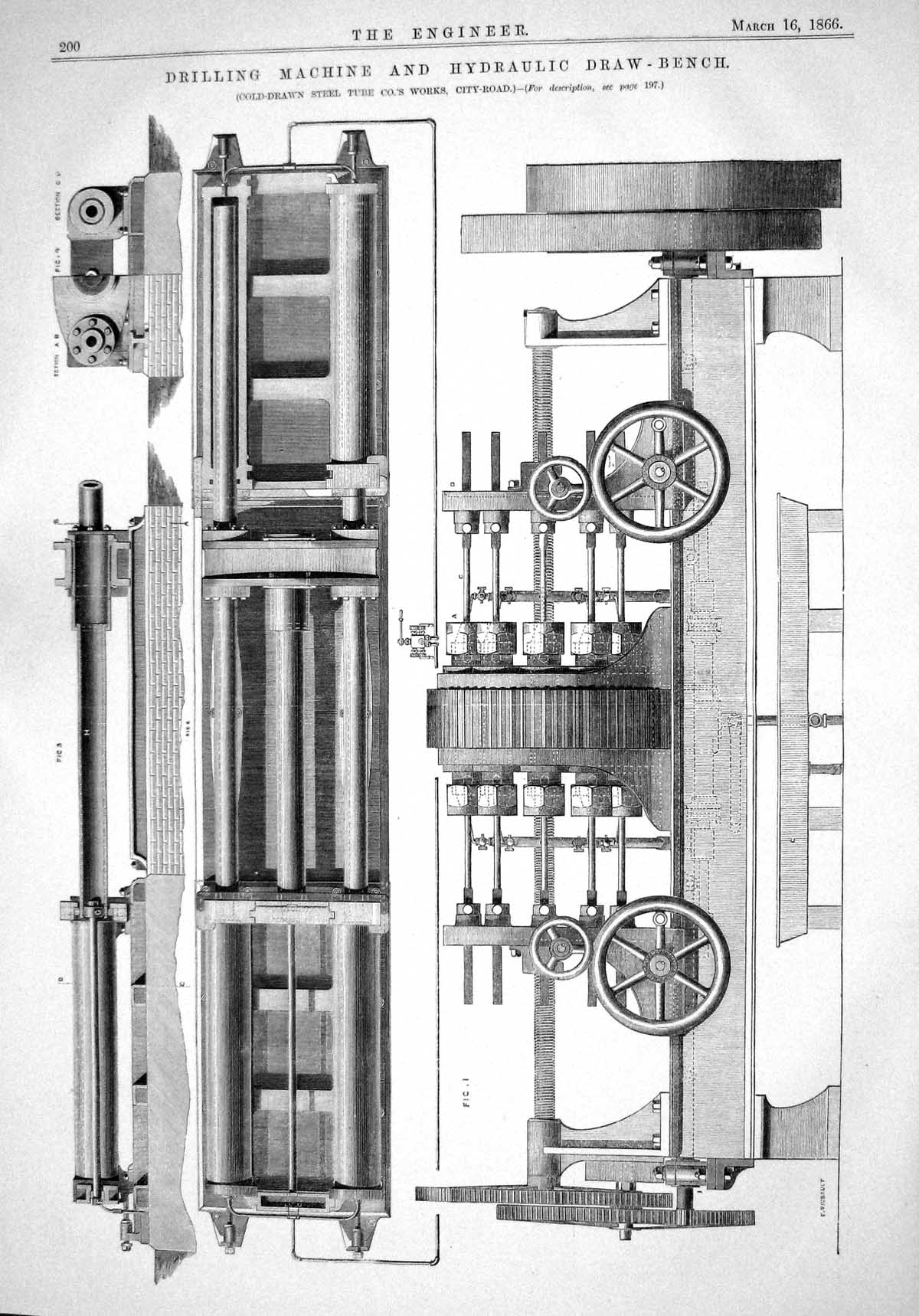 Antique Print 1866 Drilling Machinery Hydraulic Draw-Bench Steel Tube Works