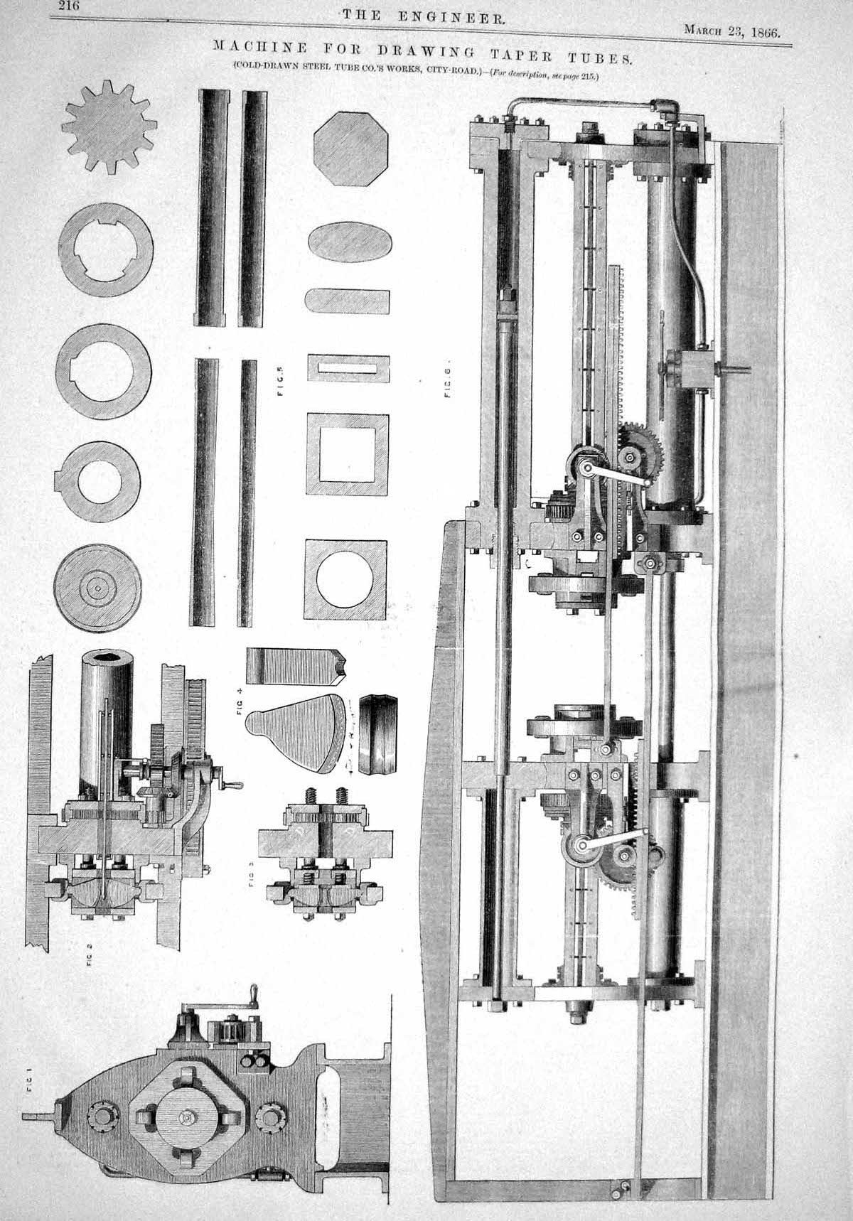 Old Print Engineering 1866 Machinery Drawing Taper Tubes C-Drawn Steel W 19th