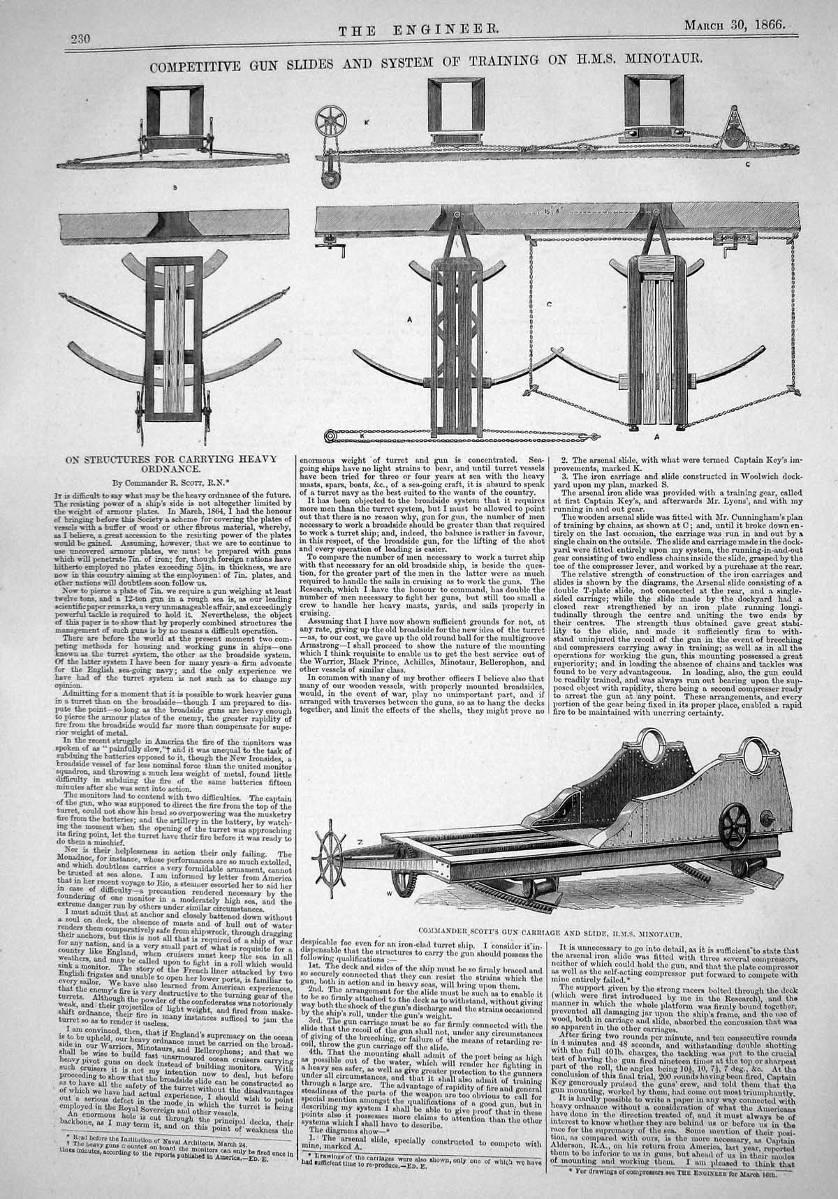 Old Print 1866 Commander Scott Gun Carriage Ship Minotaur Training System 19th