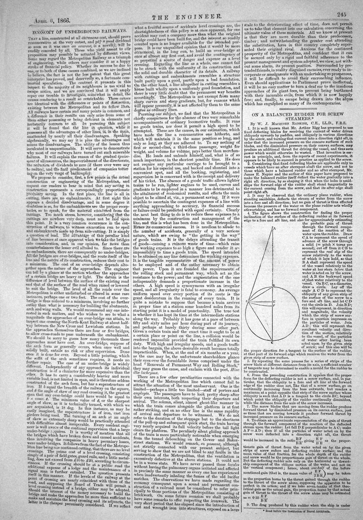 Old Print Engineering 1866 Diagram Balanced Rudder Screw Steamers Rankine 19th
