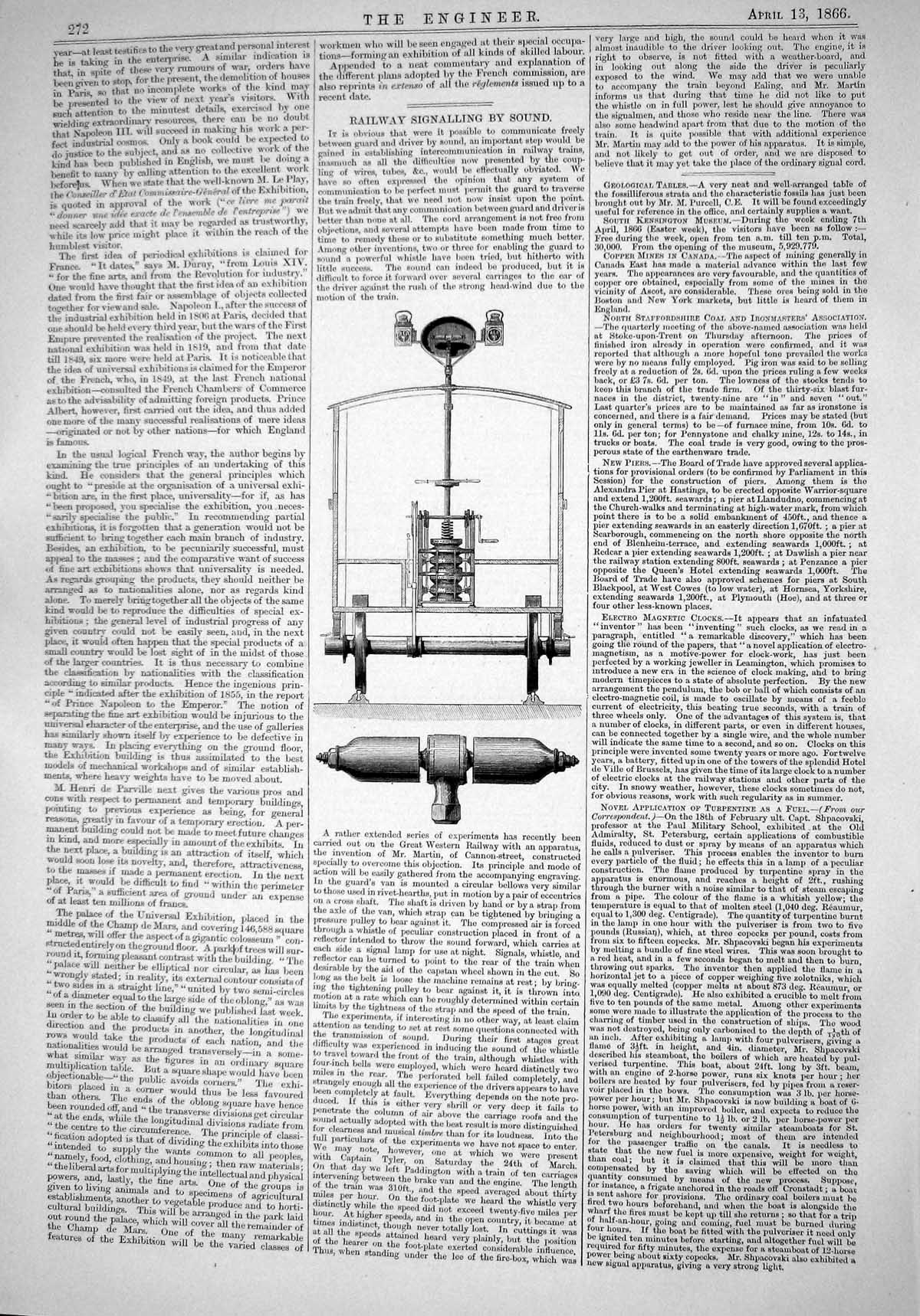 Old Print Engineering 1866 Railway Signalling Sound Communication System 19th
