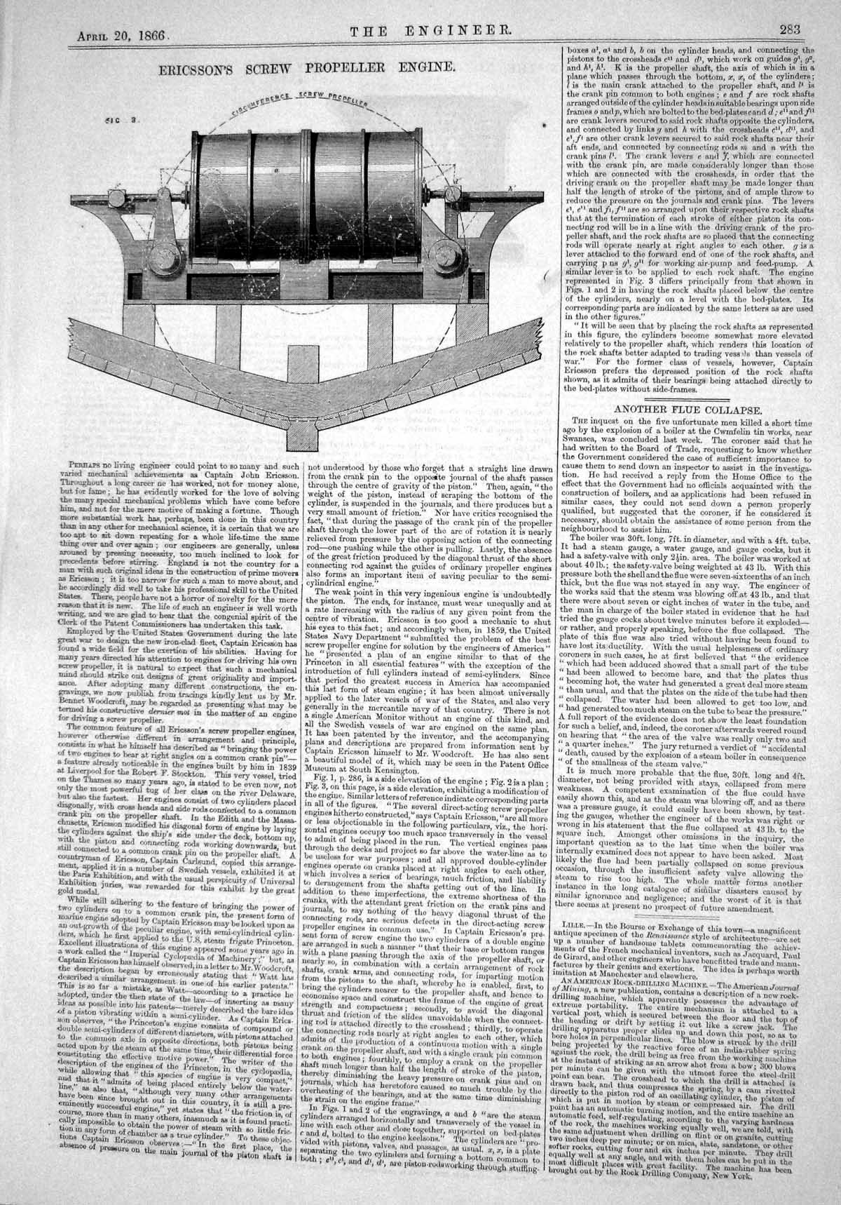 Antique Print Engineering 1866 Captain John Ericsson Screw Propeller Engine