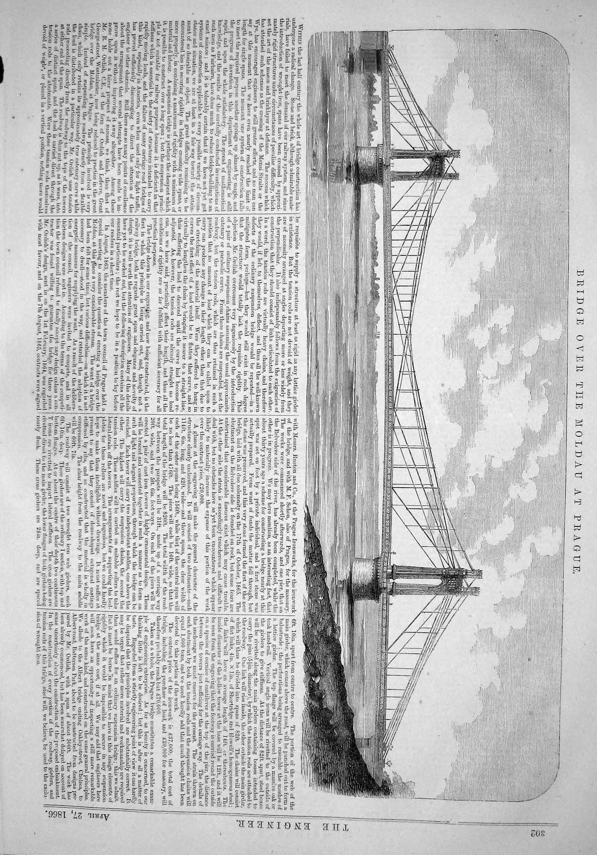 Old Antique Print Engineering 1866 Railway Bridge Mau Prague Construction 19th