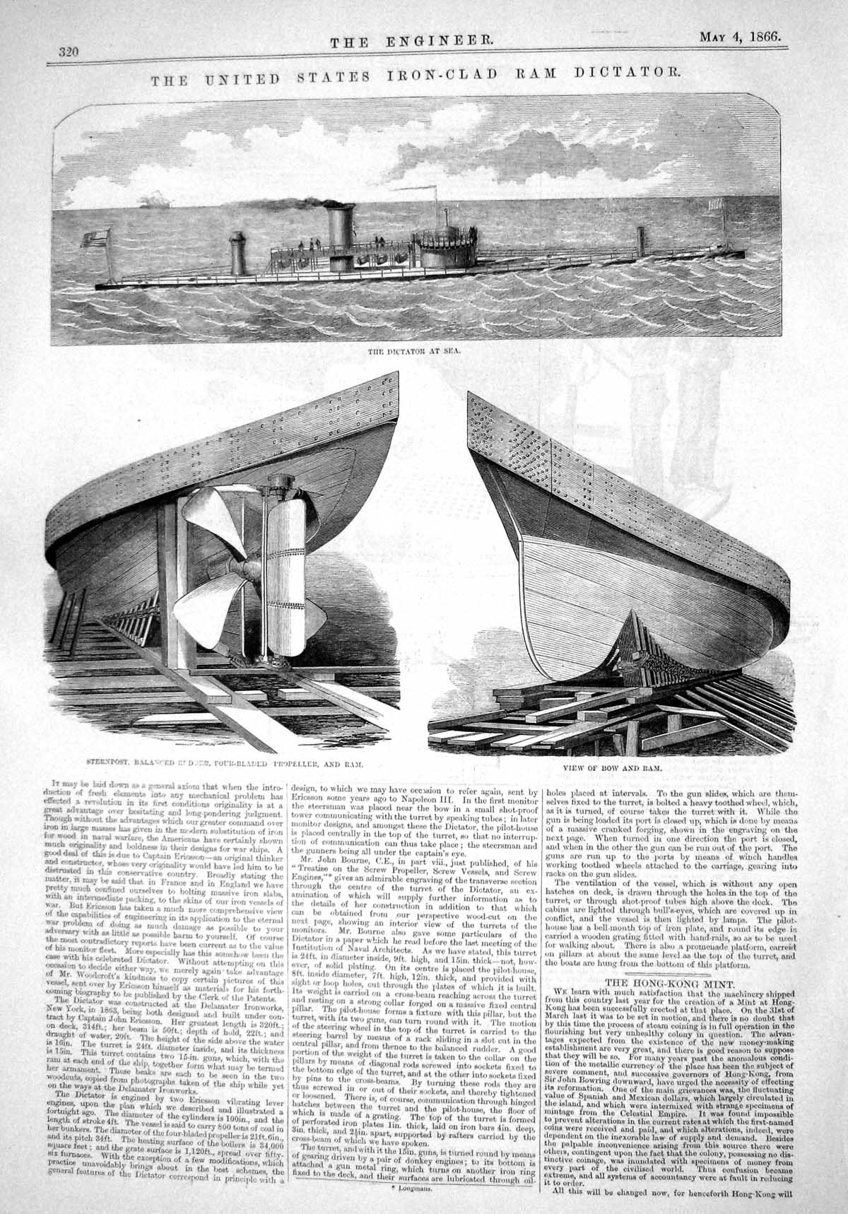 Old Engineering 1866 United States Iron-Clad Ram Dictator Ship Sternp Victorian