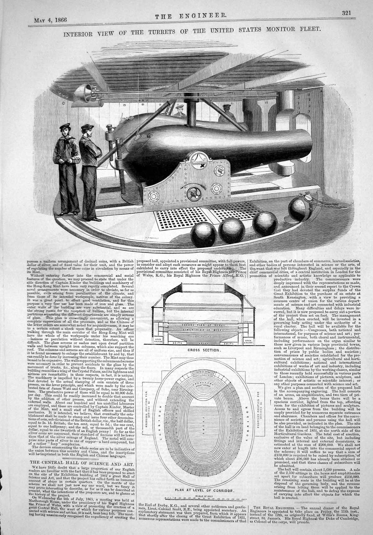 Antique Old Print 1866 Interior View Turrets United States Monitor Fleet Ship
