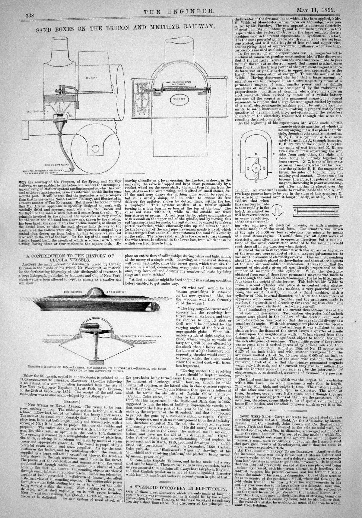 Old Print 1866 Sand Boxes Brecon Merthyr Railway Ericsson Monitor Cupola 19th