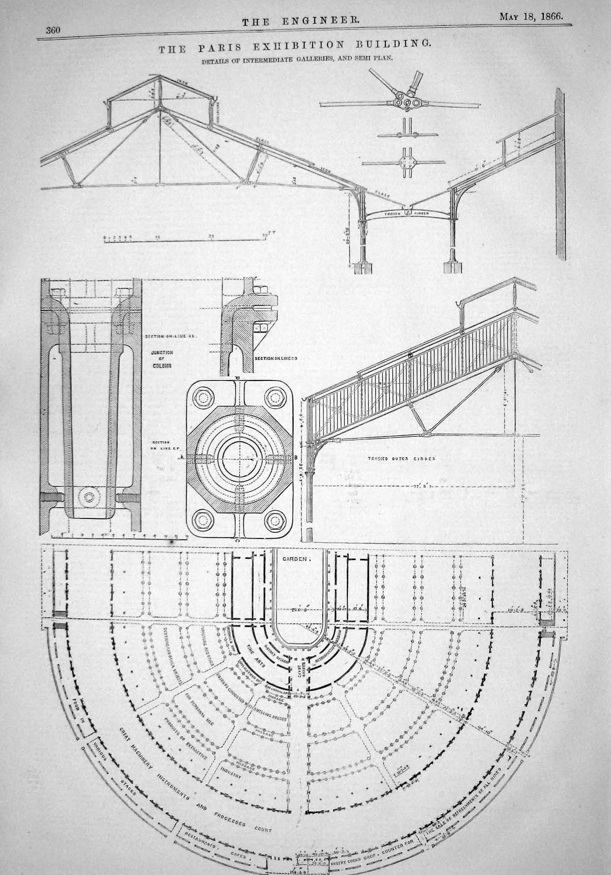 Old Print 1866 Paris Exhibition Building Intermediate Galleries Semi Plan 19th