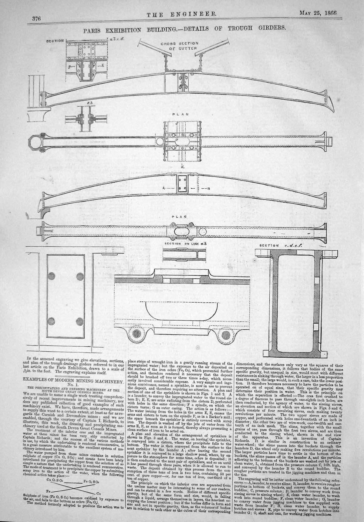 Old Print 1866 Paris Exhibition Building Details Trough Girders Diagrams 19th