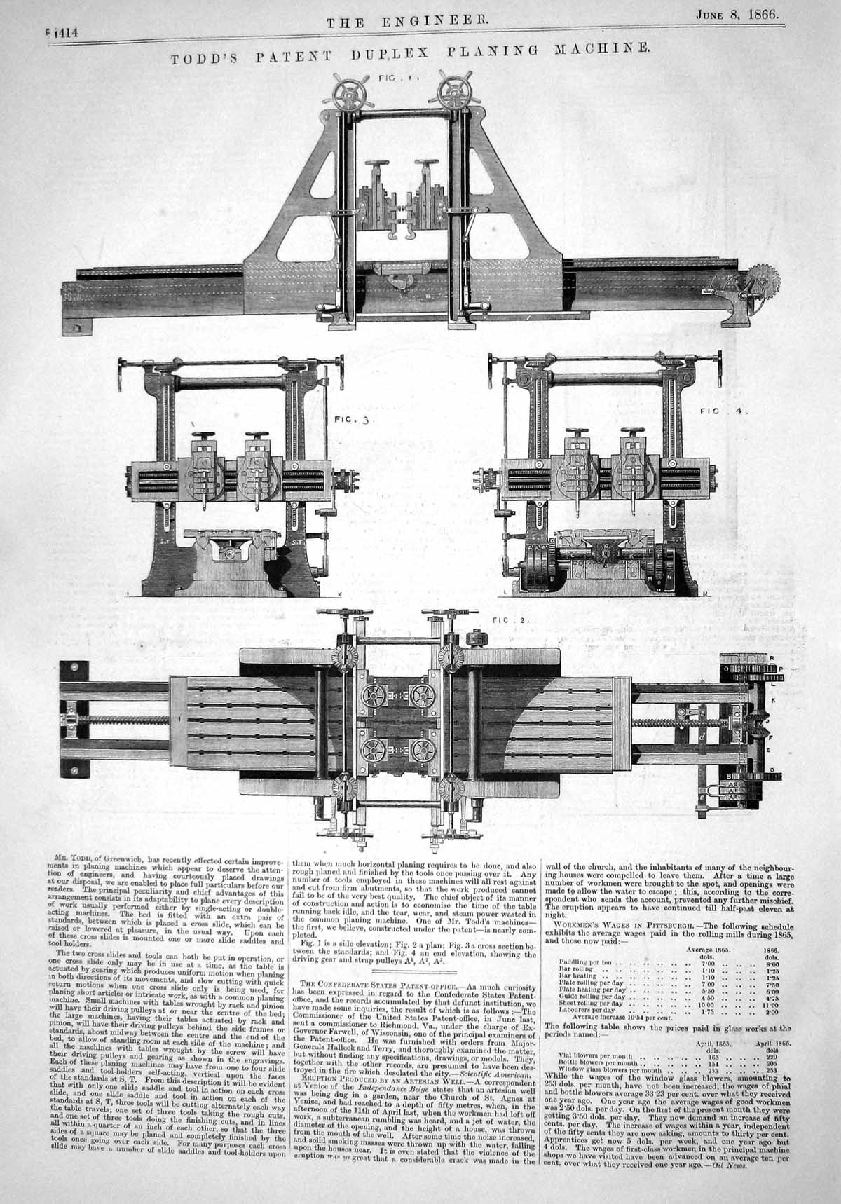 Antique Print Engineering 1866 Todd Greenwich Patent Duplex Planing Machine