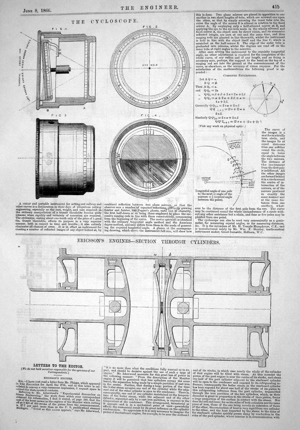 Antique Old Print 1866 Cycloscope Ericsson Engines Section Through Cylinders