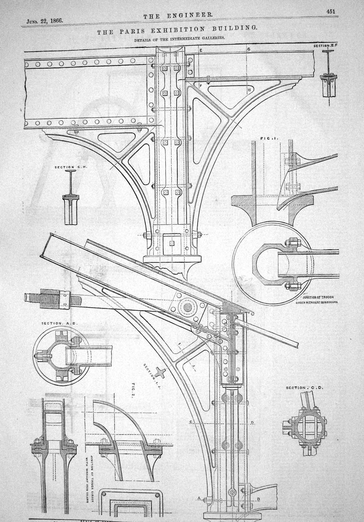 Antique Print 1866 Paris Exhibition Building Details Intermediate Galleries