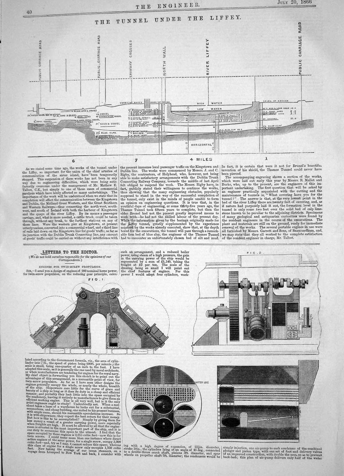 Antique Print 1866 Tunnel Under Liffey River Engines Twin-Screw Propulsion 19th