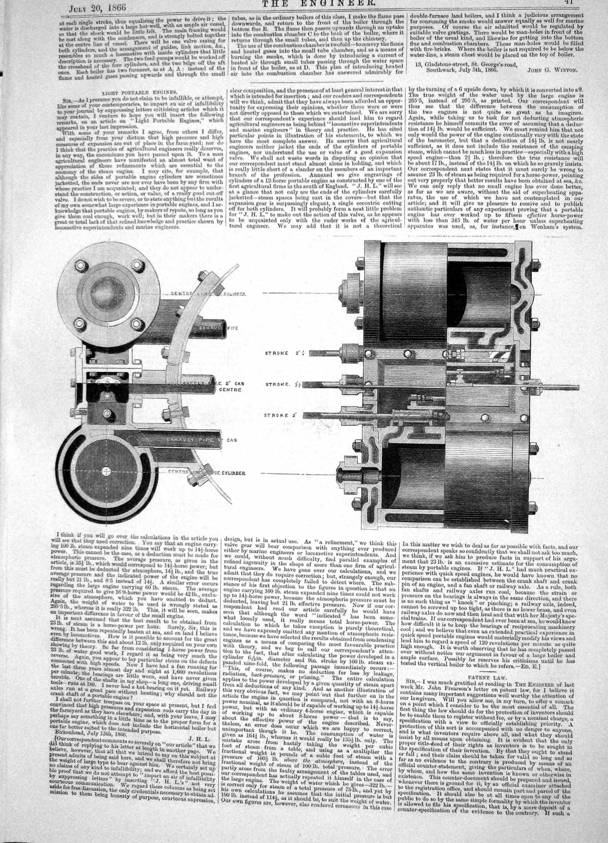 Old Print Engineering 1866 Light Portable Engines Machinery Cylinder Gas 19th