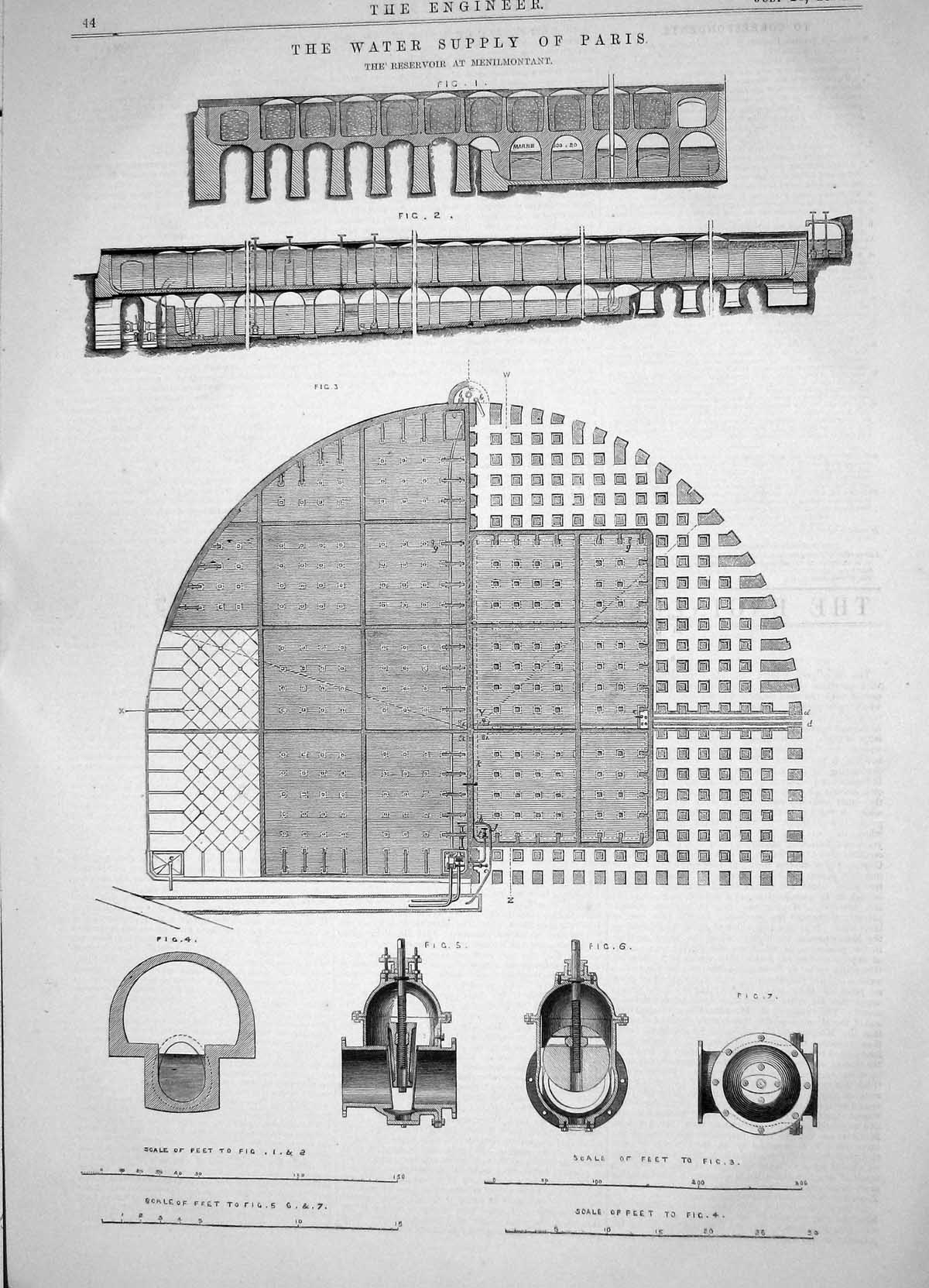 Old Engineering 1866 Water Supply Paris Reservoir Menilmontant Machin Victorian