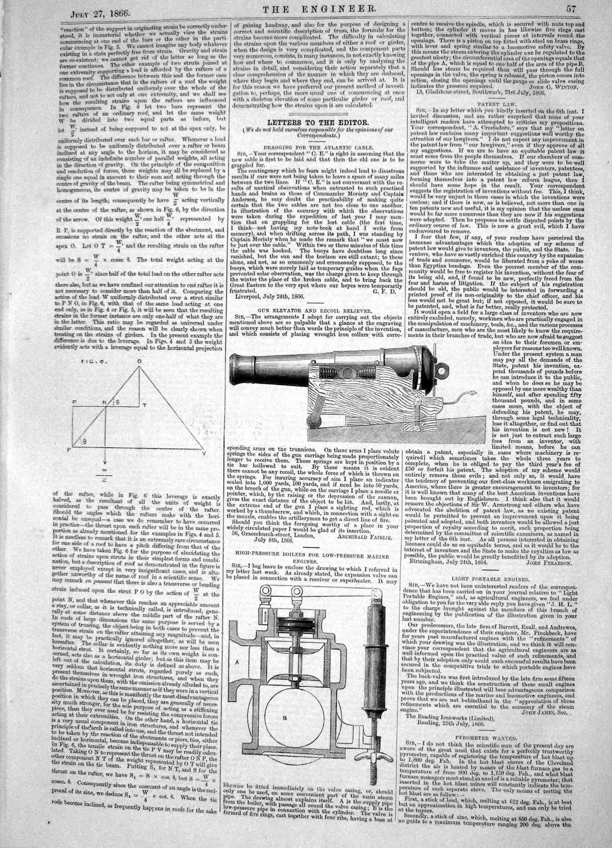 Old Print 1866 Gun Elevator Recoil Reliever High-Pressure Boilers Marine 19th