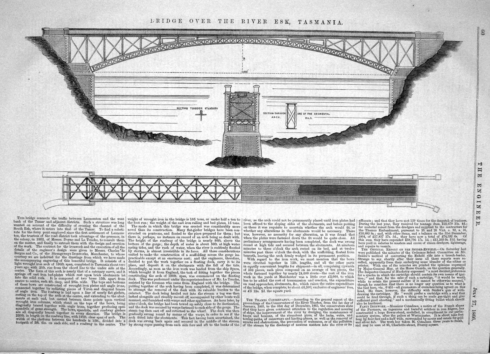 Old Engineering 1866 Bridge River Esk Tasmania Diagram Section Segmen Victorian