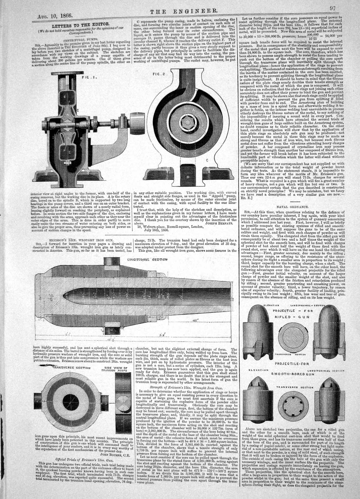Old Print 1866 Centrifugal Pumps Ericsson Wrought Iron Gun Naval Ordnance 19th