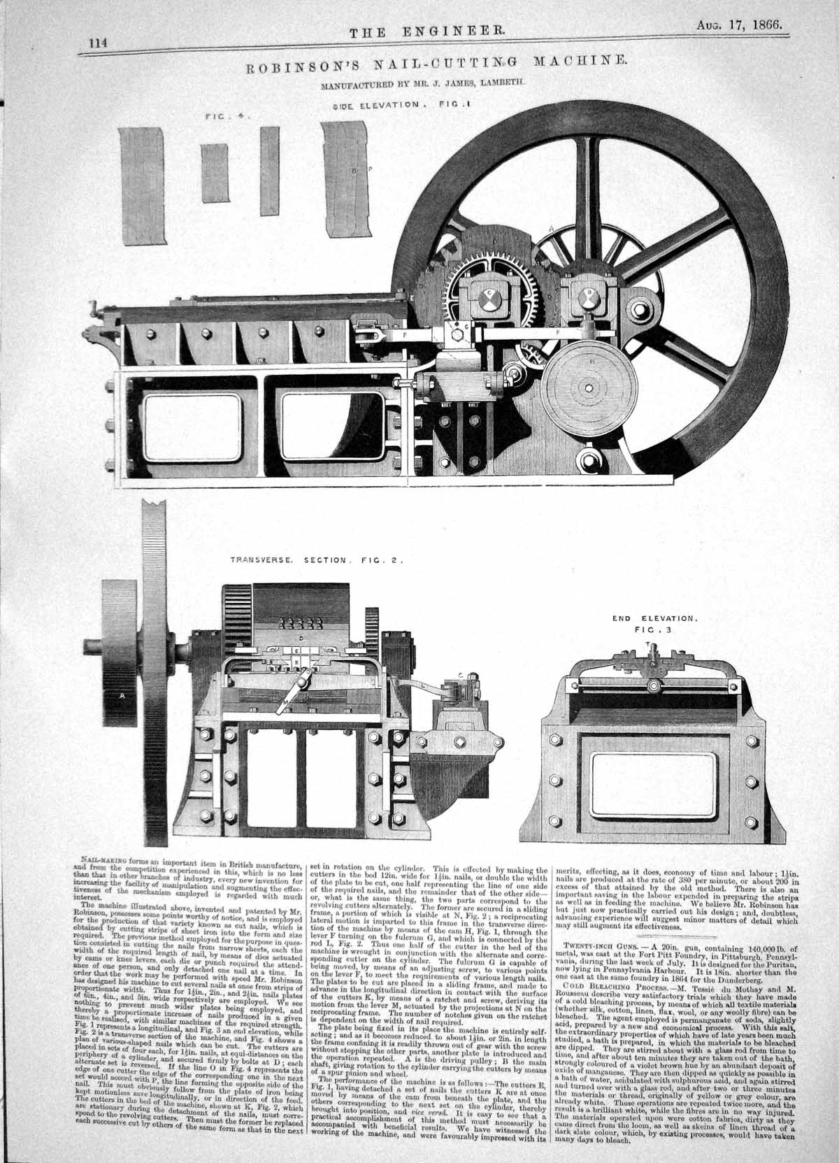 Antique Old Print 1866 Robinson Nail-Cutting Machine James Lambeth Machinery