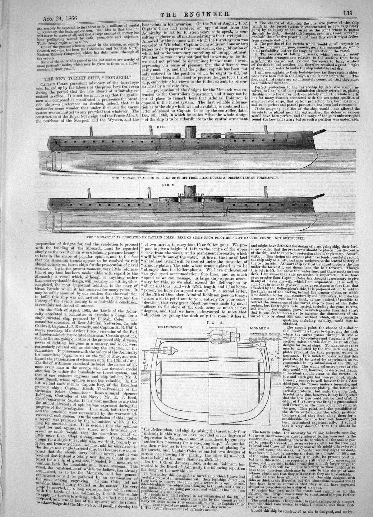 Old Print 1866 New Turrett Ship Monarch Pilot-House Captain Coles Funnel 19th
