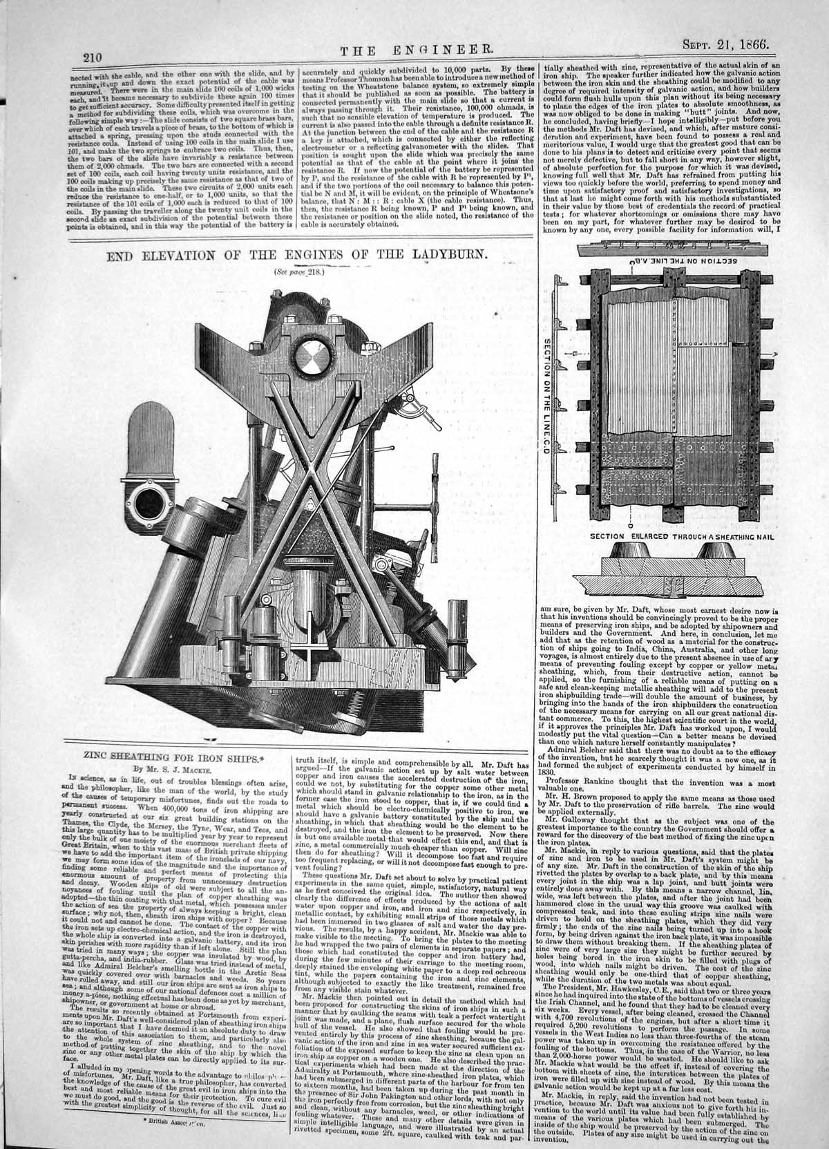 Antique Print 1866 End Elevation Engines Ladyburn Zinc Sheathing Iron Ships