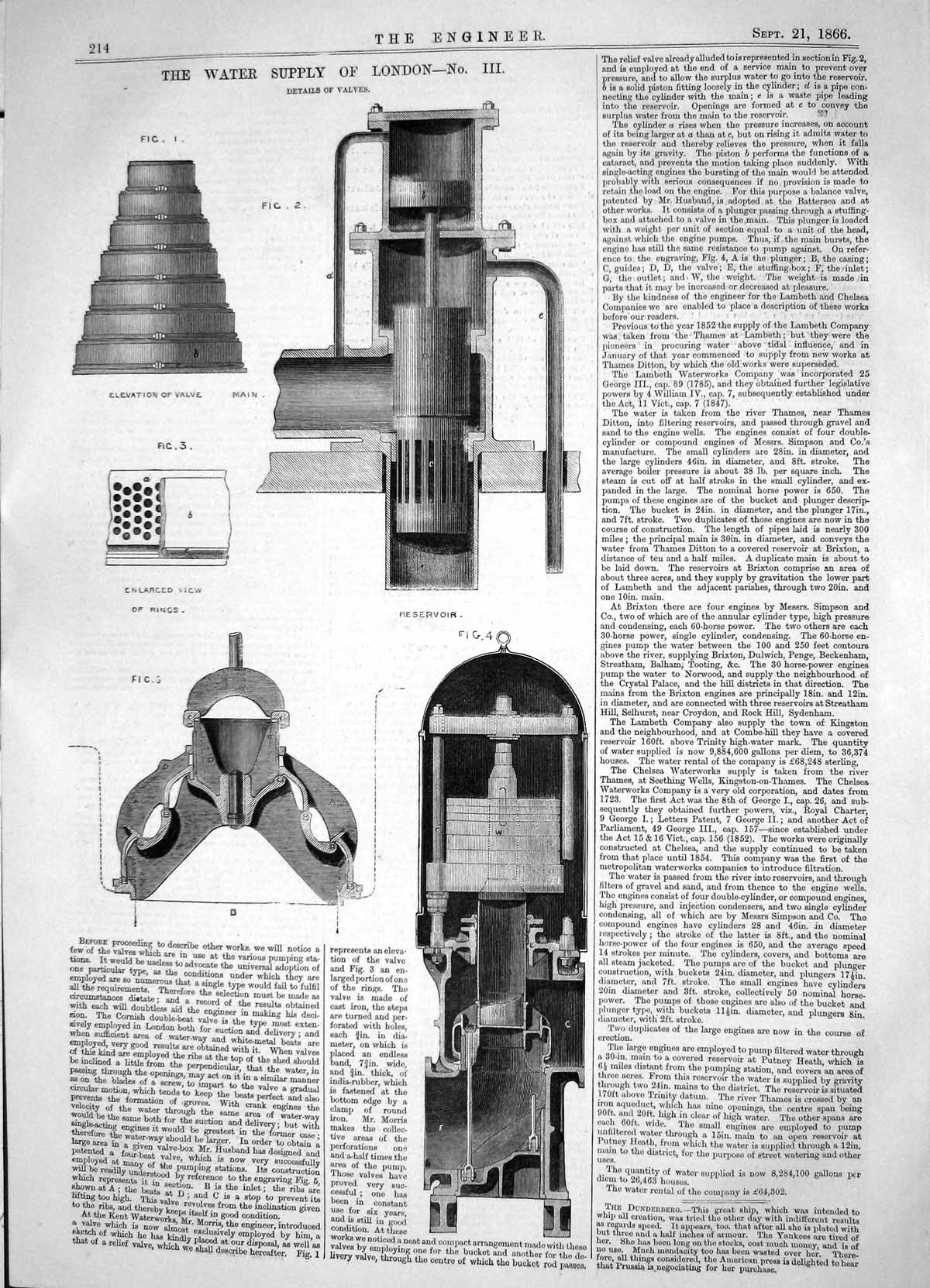 Antique Old Print 1866 Water Supply London Details Valves Machinery Apparatus