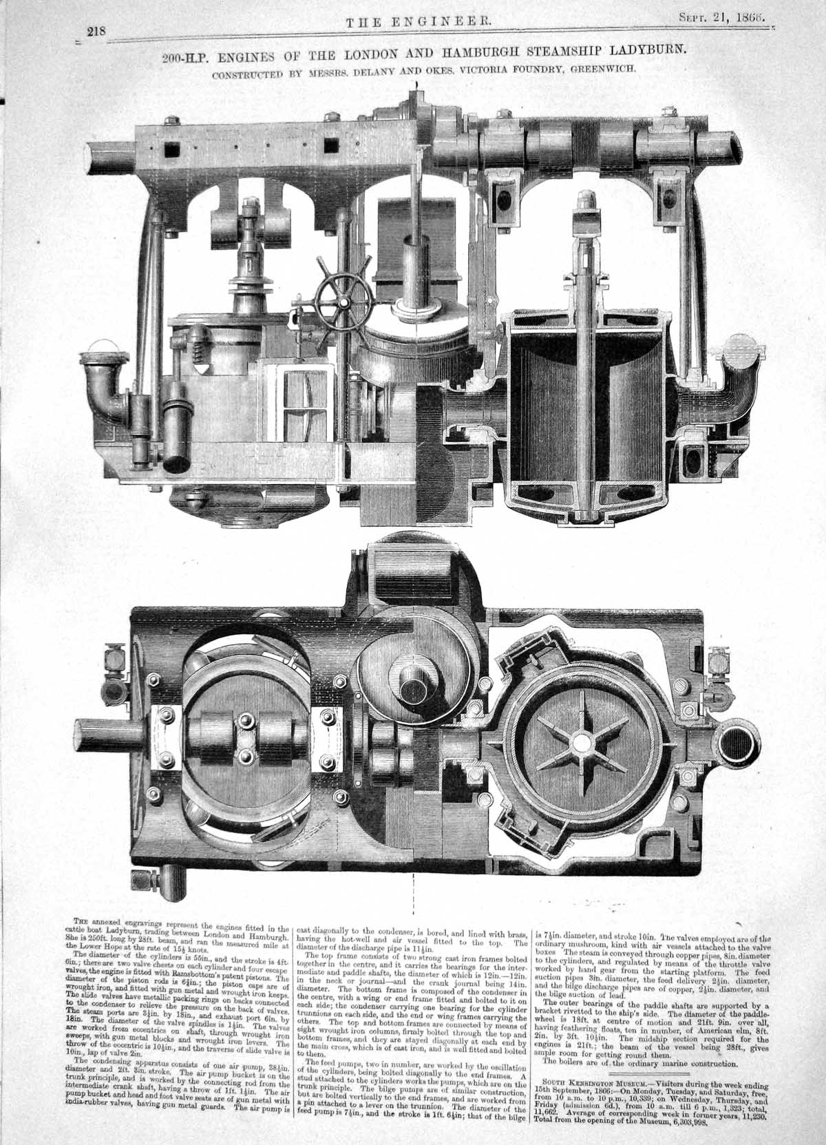 Antique Print 1866 Engines London Hamburgh Steam Ship Ladyburn Delany Okes 19th