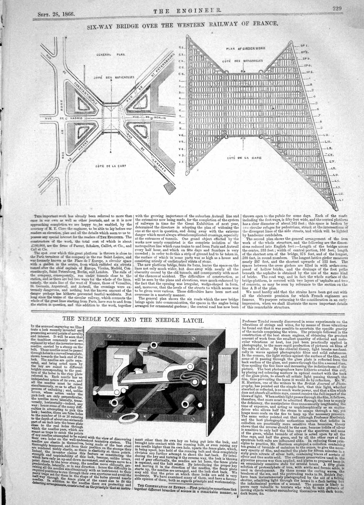 Antique Print 1866 Six-Way Bridge Western Railway France Needle Lock Latch 19th