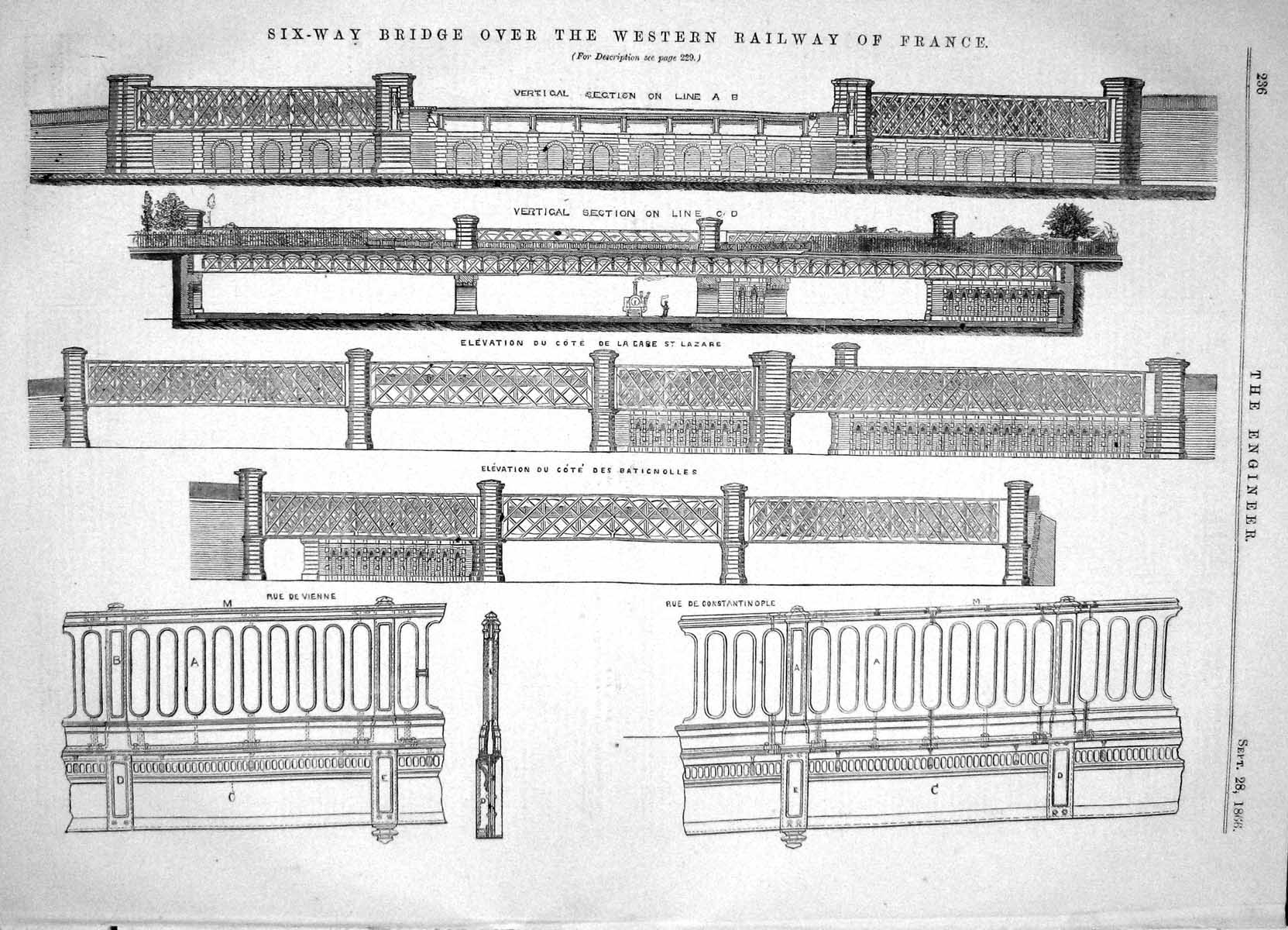 Antique Old Print 1866 Six-Way Bridge Western Railway France Vertical Section