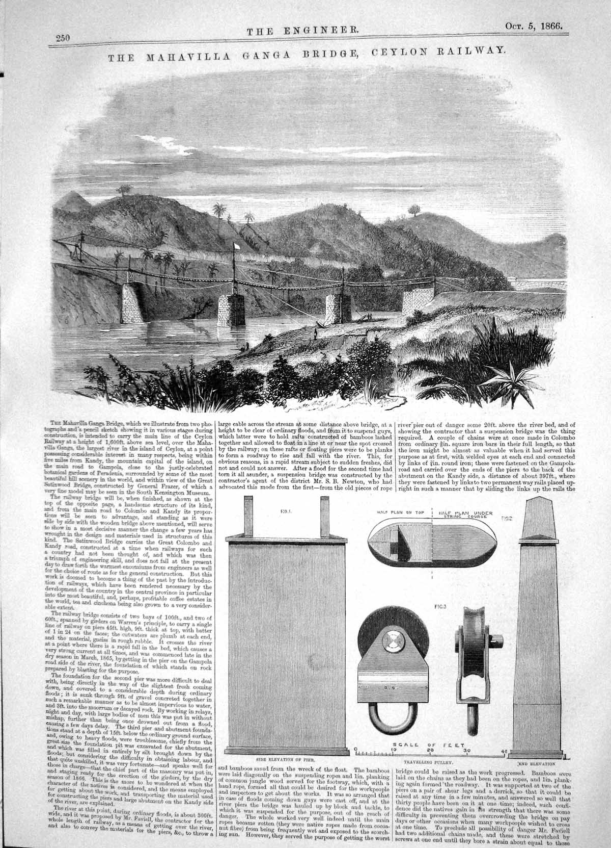 Antique Print 1866 Mahavilla Ganga Bridge Ceylon Railway Travelling Pulley 19th