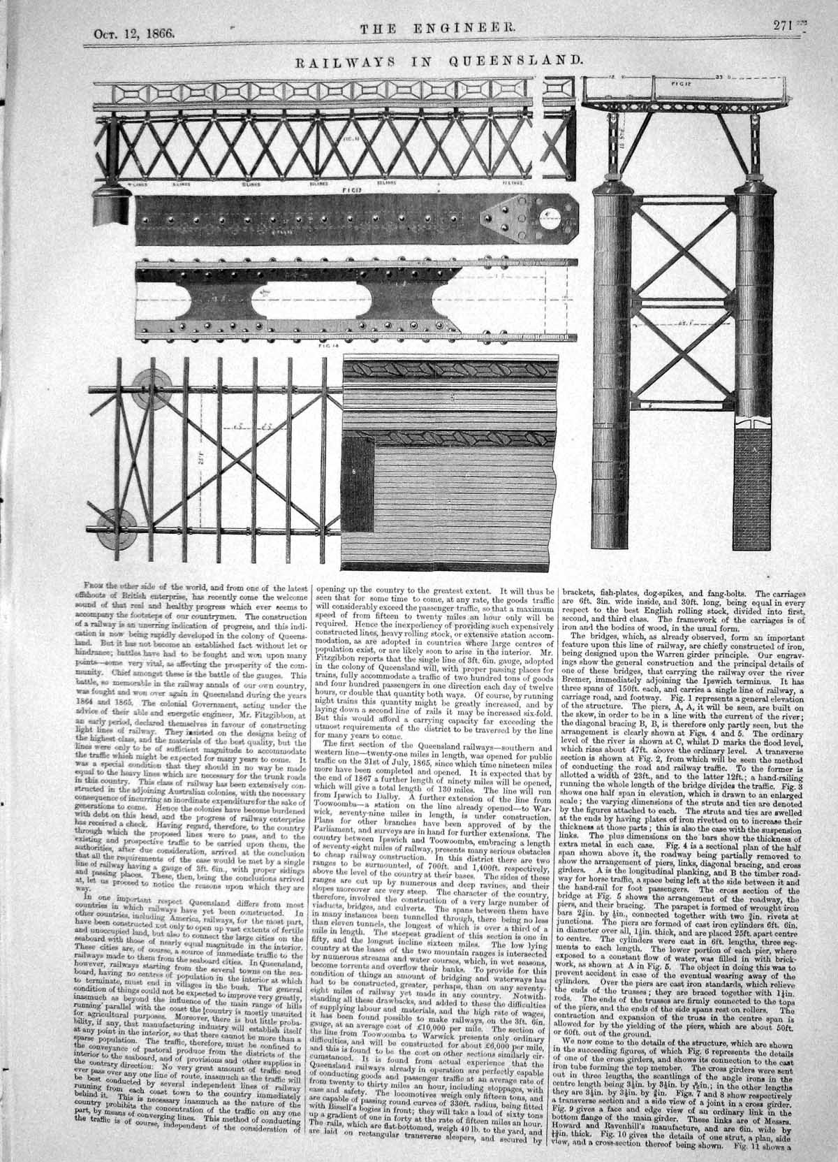 Antique Old Print Engineering 1866 Railways Queensland Australia Links Figure
