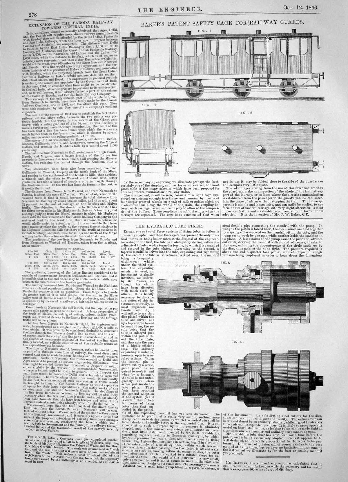 Antique Old Print 1866 Baker Patent Safety Cage Railway Guards Hydraulic Tube