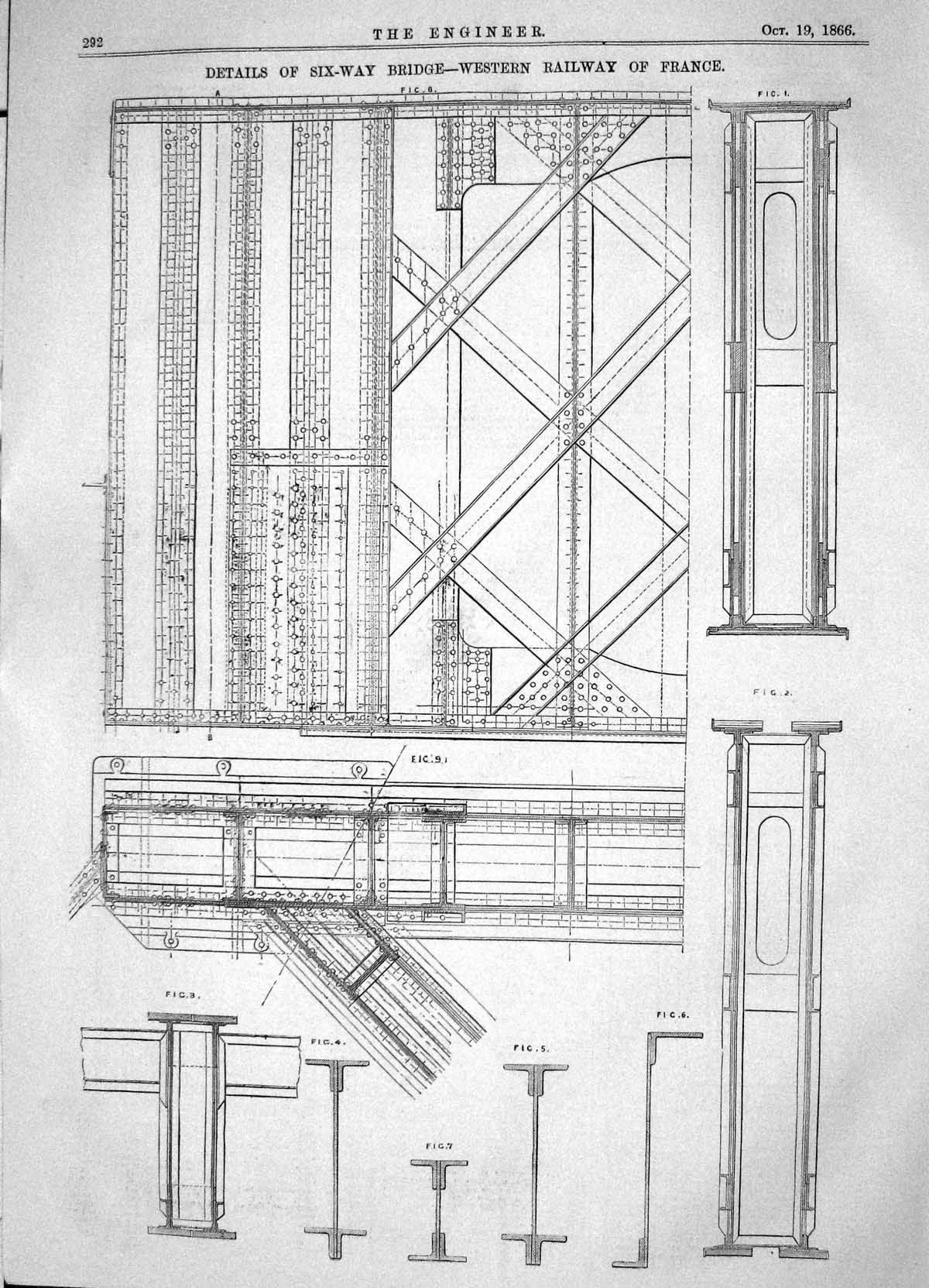 Old Print Engineering 1866 Details Six-Way Bridge Western Railway France 19th