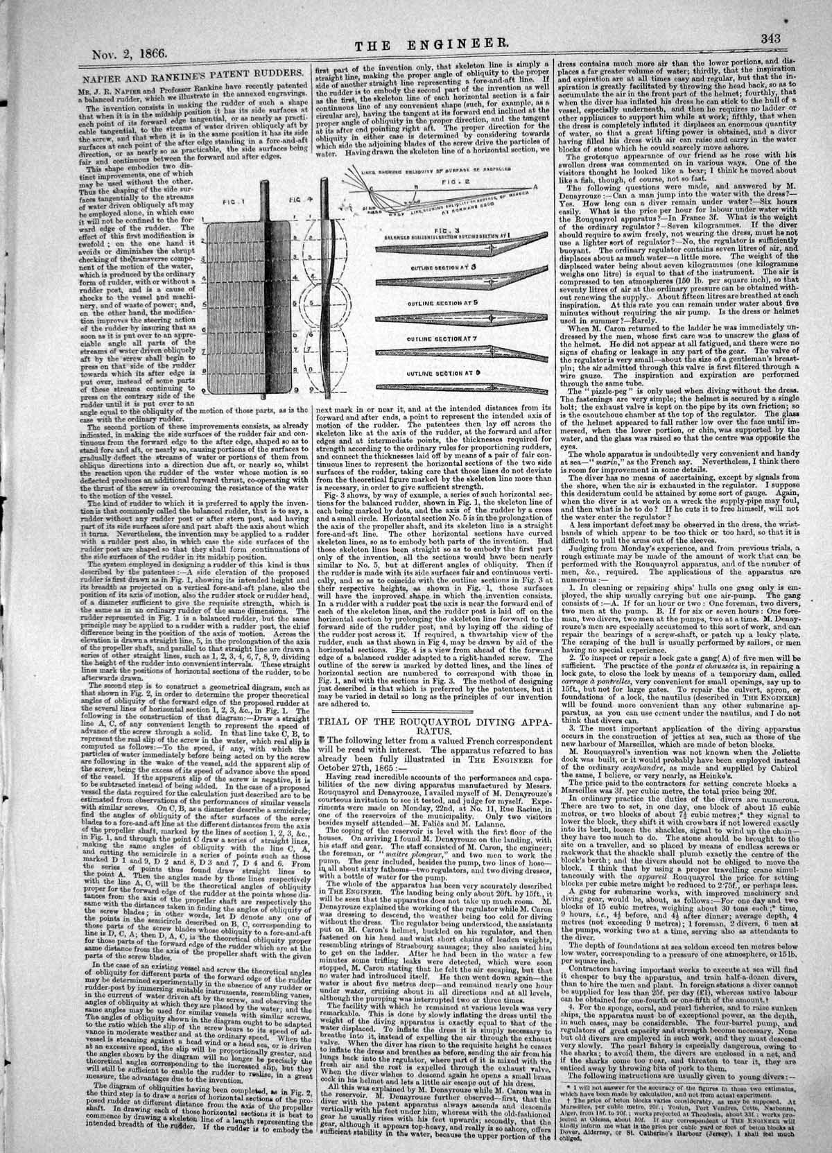 Old Print Engineering 1866 Napier Rankine Patent Rudders Outline Section 19th