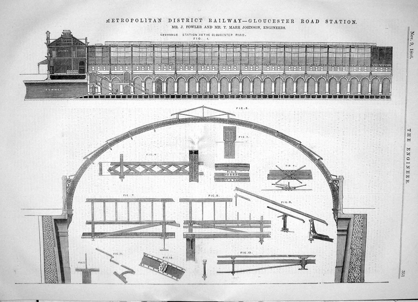 Antique Old Print 1866 Metropolitan Railway Gloucester Station Fowler Johnson
