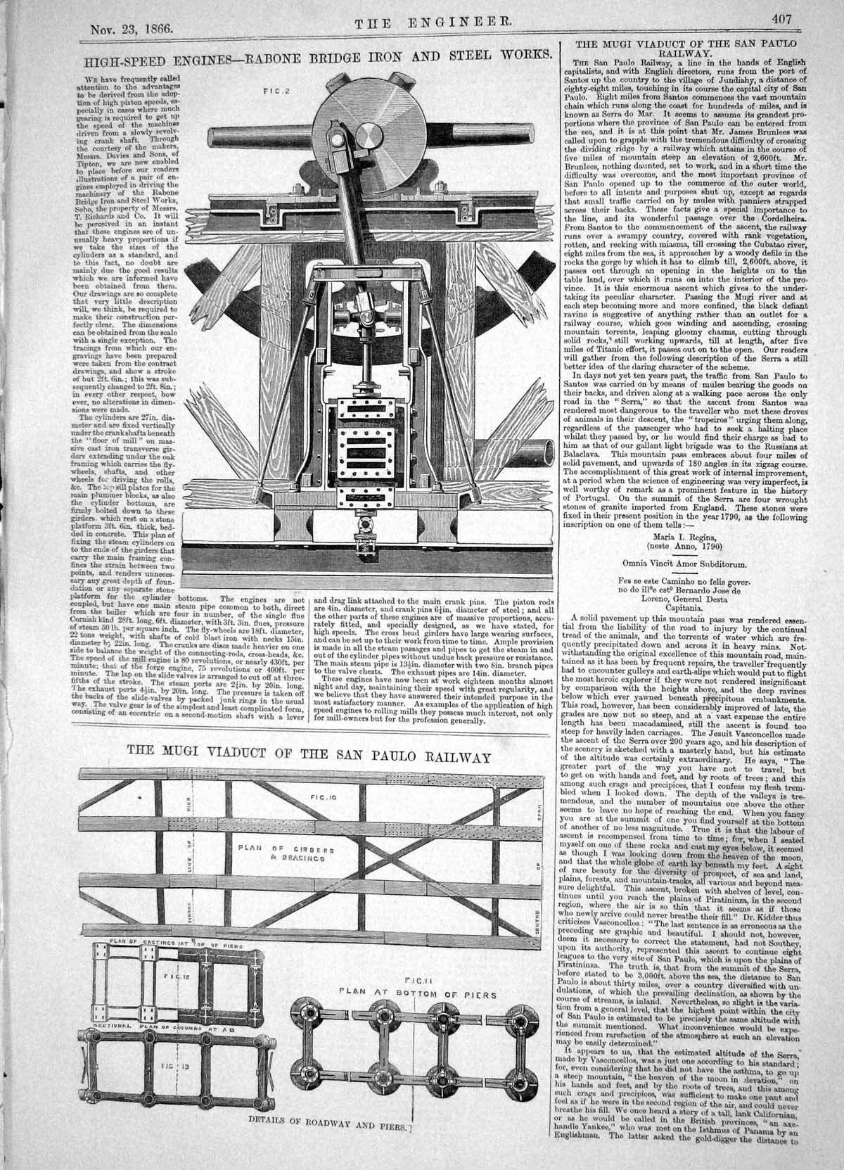 Old Print 1866 Engines Rabone Bridge Iron Steel Works Mugi Viaduct Paulo 19th