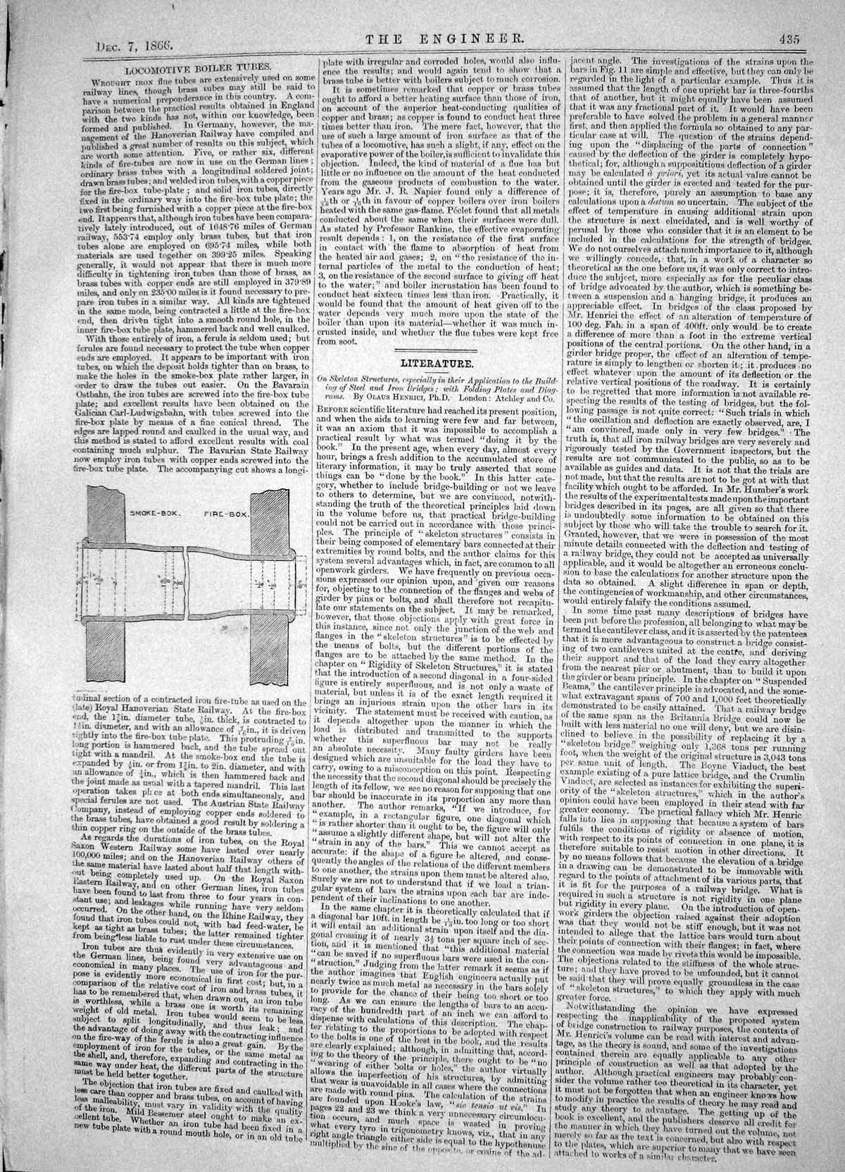Old Engineering 1866 Drawing Locomotive Boiler Tubes Smoke-Box Fire-B Victorian