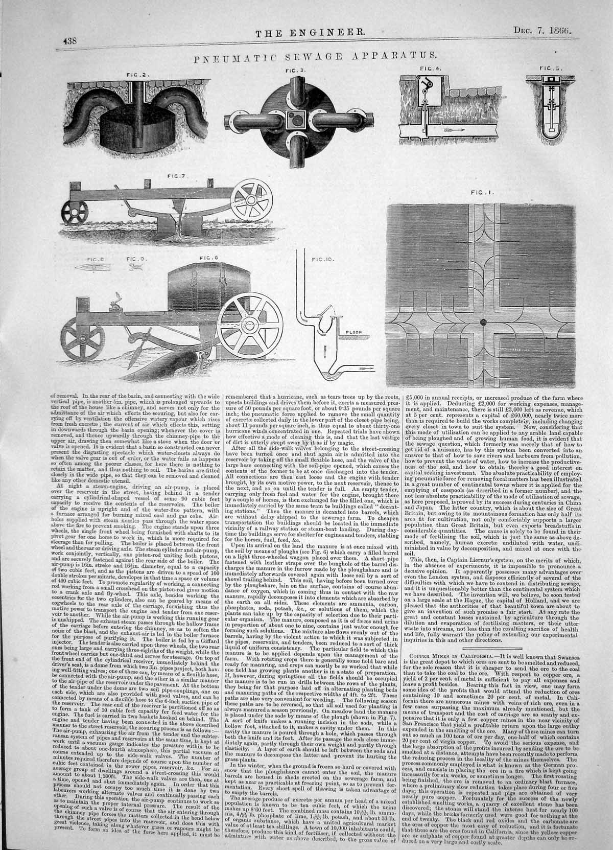 Old Antique Print Engineering 1866 Pneumatic Sewage Apparatus Machinery 19th