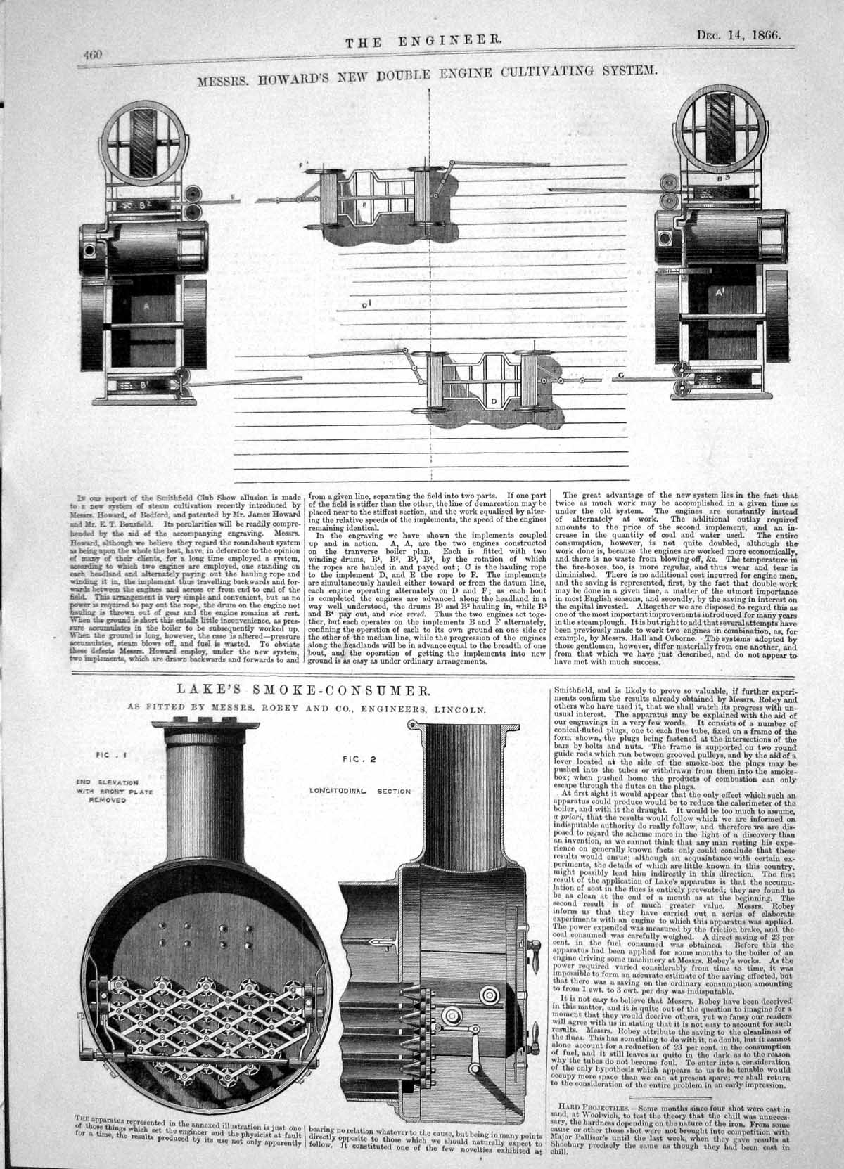 Old Print 1866 Howard Engine Cultivating System Lake Smoke-Consumer Robey 19th