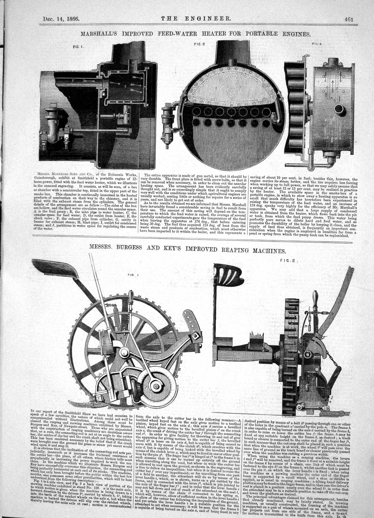 Antique Old Print 1866 Marshall Feed-Water Heater Engines Burgess Key Reaping